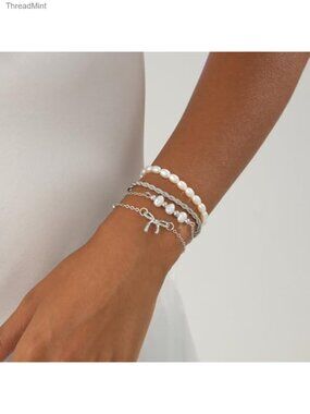Gold Bow Bracelet Set Beaded Pearl Paperclip Chain Stretch Stackable Bracelets